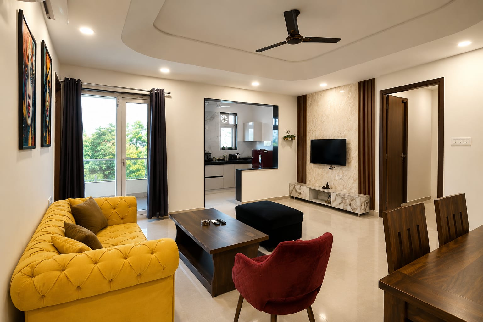 Modern 2BHK apartment in Jaipur with floor-to-ceiling windows framing a sweeping city view, clean contemporary interiors with warm accent tones